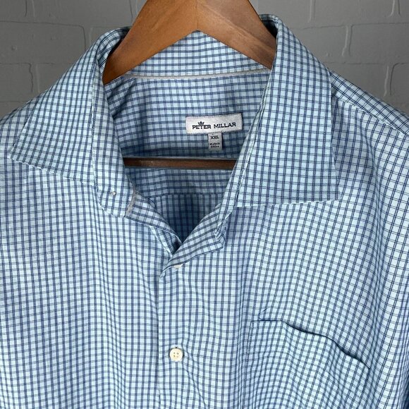 Peter Millar Shirt Mens 2XLarge Blue White Check Cotton Dress Classic Career - Picture 2 of 11
